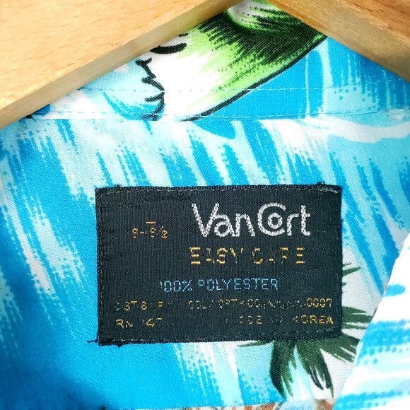 Vtg Van Cort Hawaiian Shirt Men's L? Short Sleeve Blue White Fish Island Print - Picture 3 of 7